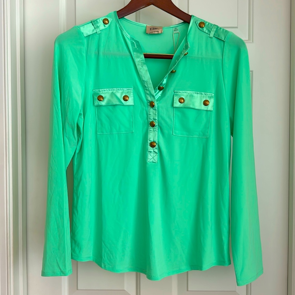 ELIE Tahari Top Size L Green Gold Gorgeous Buttons Long Sleeves Pockets NWT